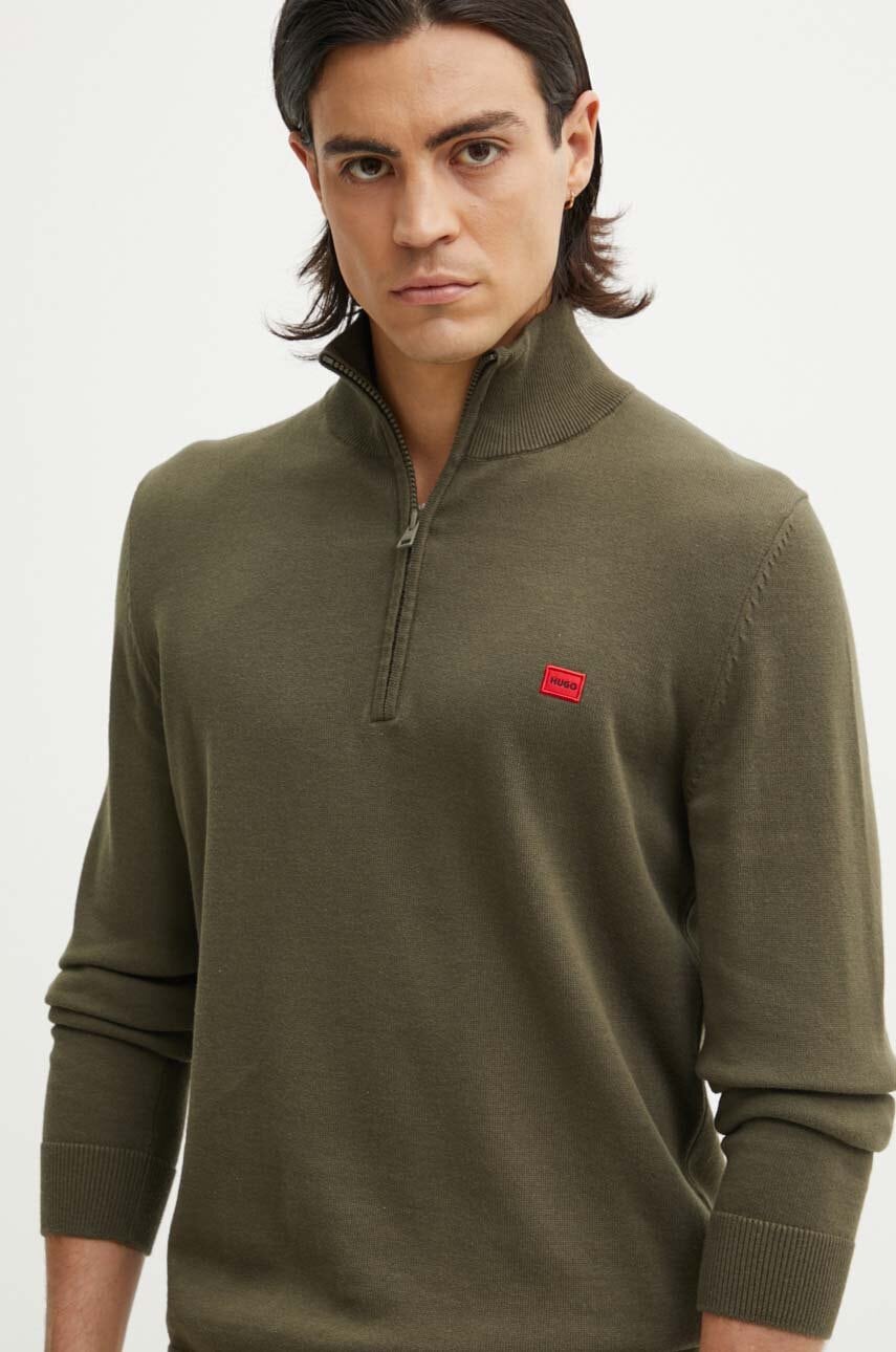 HUGO pulover de bumbac culoarea verde, light, cu turtleneck