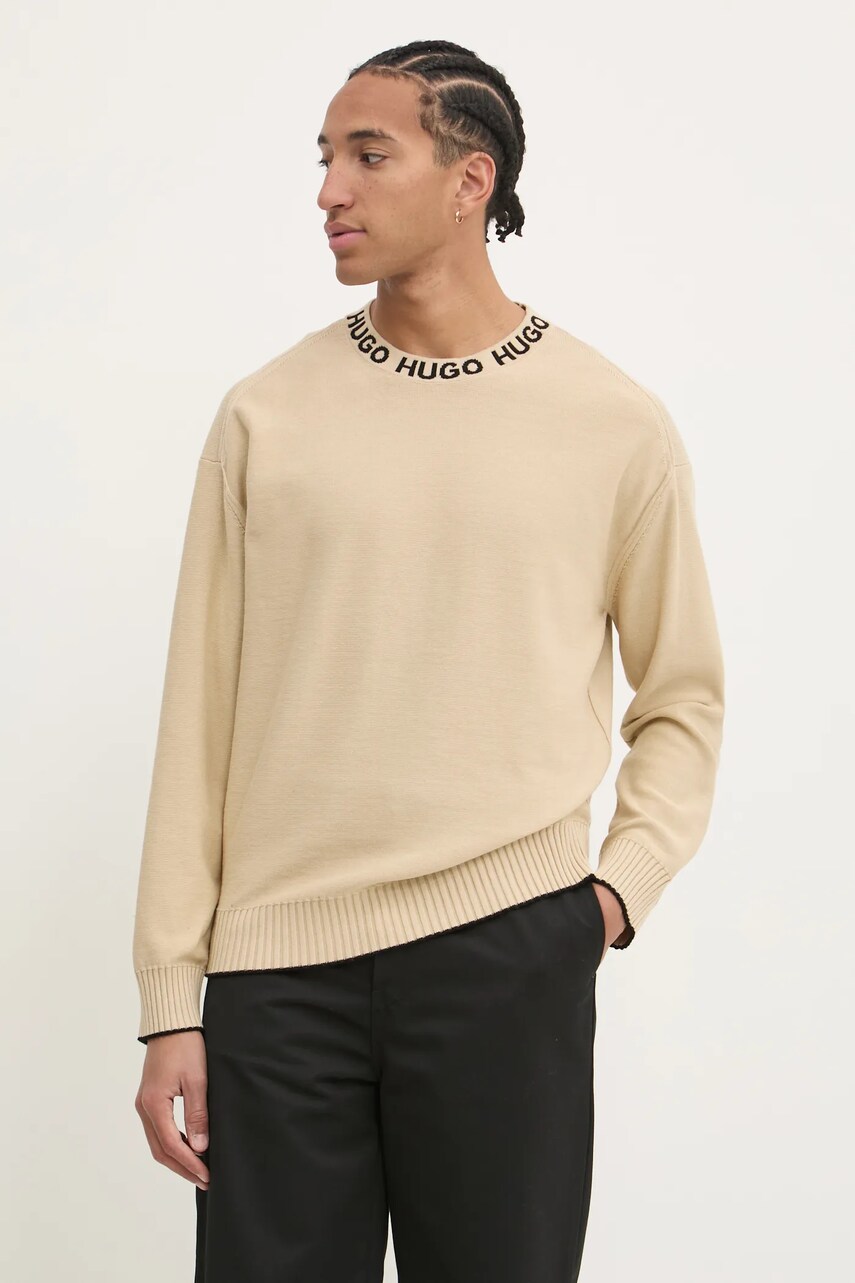 HUGO pulover de bumbac barbati, culoarea bej, light