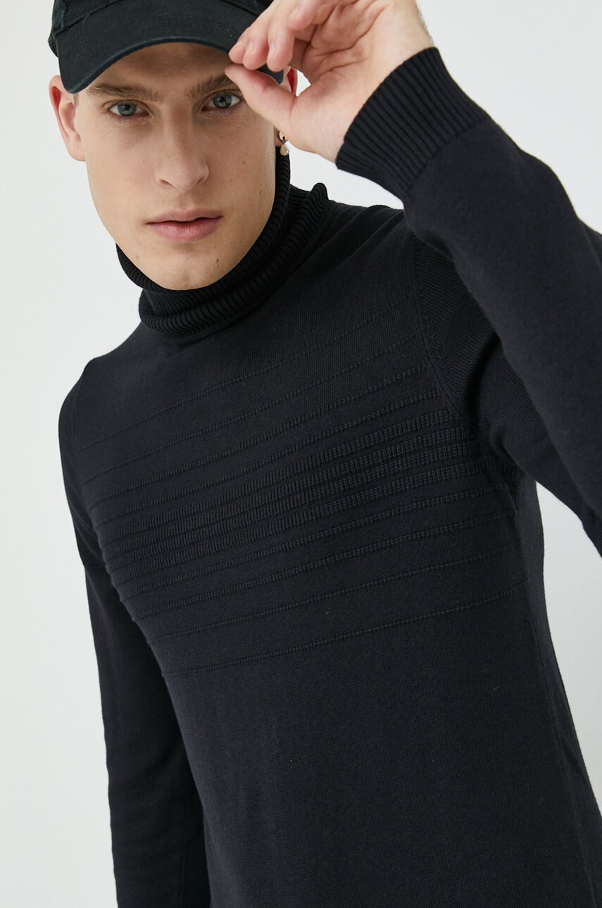 Hugo pulover din amestec de lana barbati, culoarea negru, light, cu guler