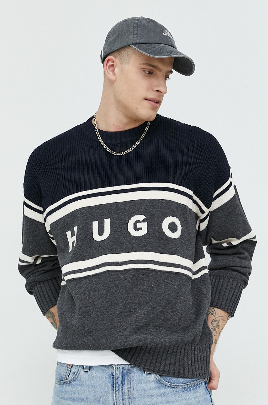HUGO pulover de bumbac barbati, culoarea gri,