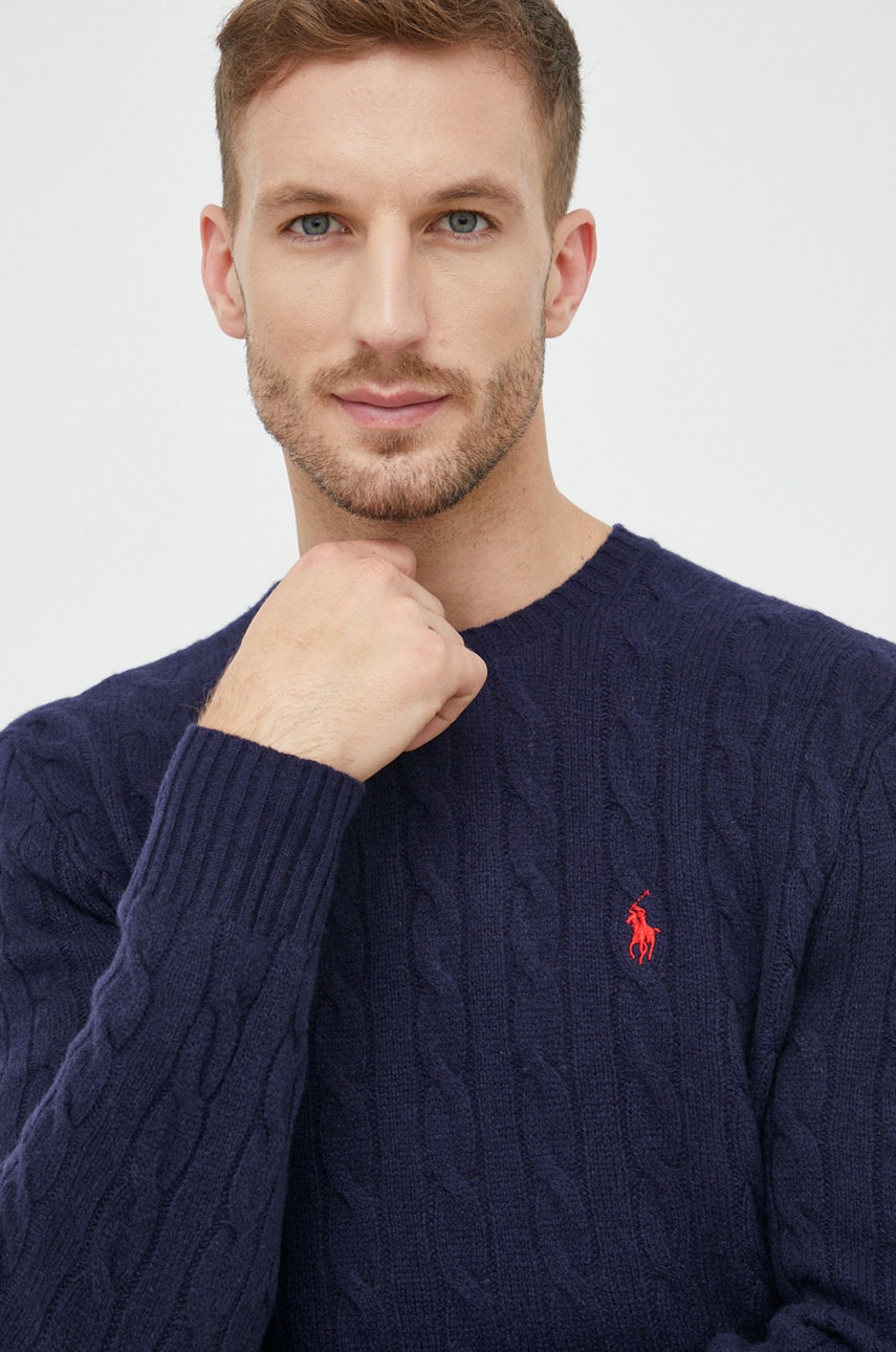 

Вълнен пуловер Polo Ralph Lauren мъжки в тъмносиньо от лека материя, Тъмносин