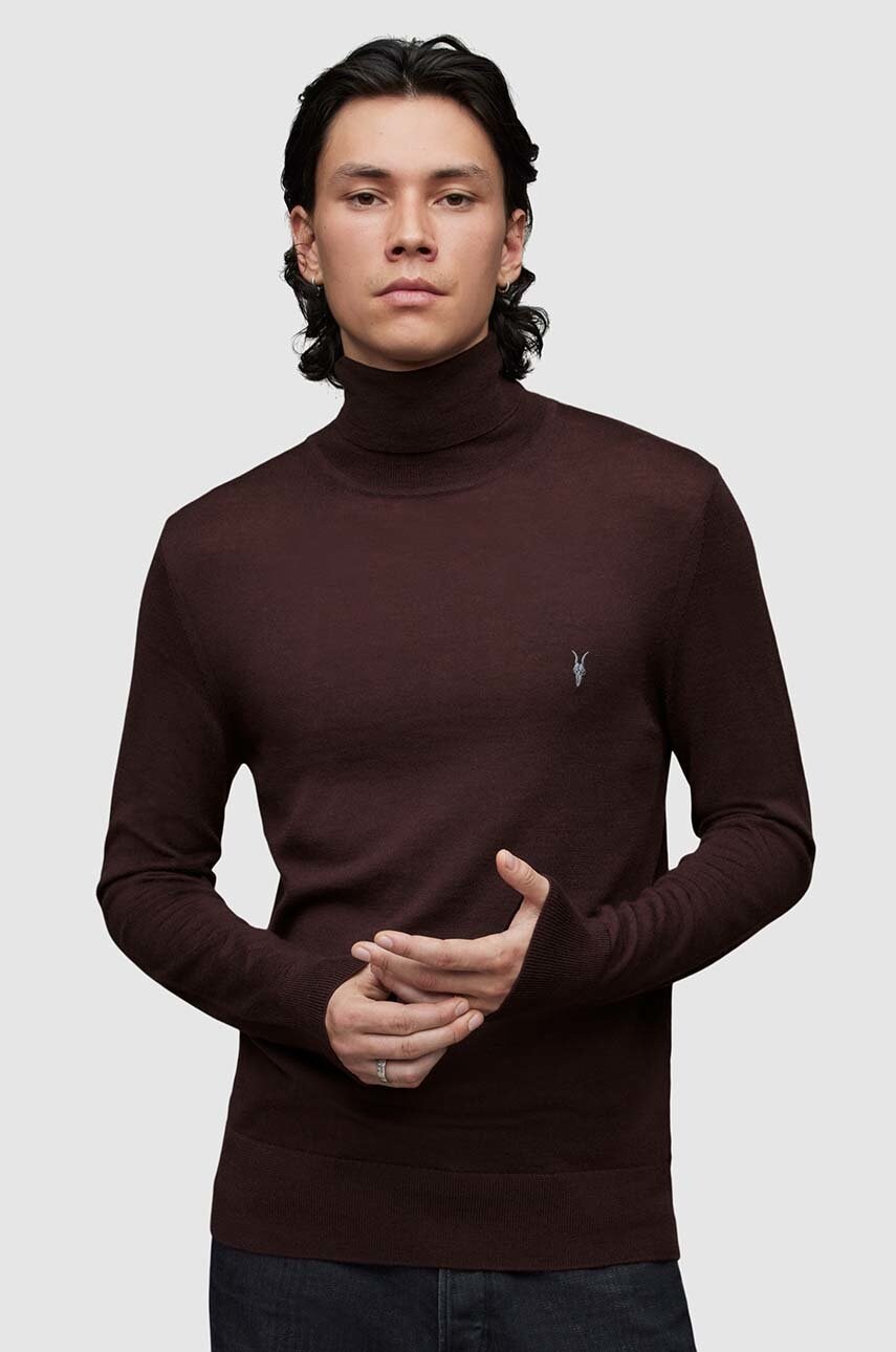 Allsaints pulover de lana barbati, culoarea bordo, cu guler
