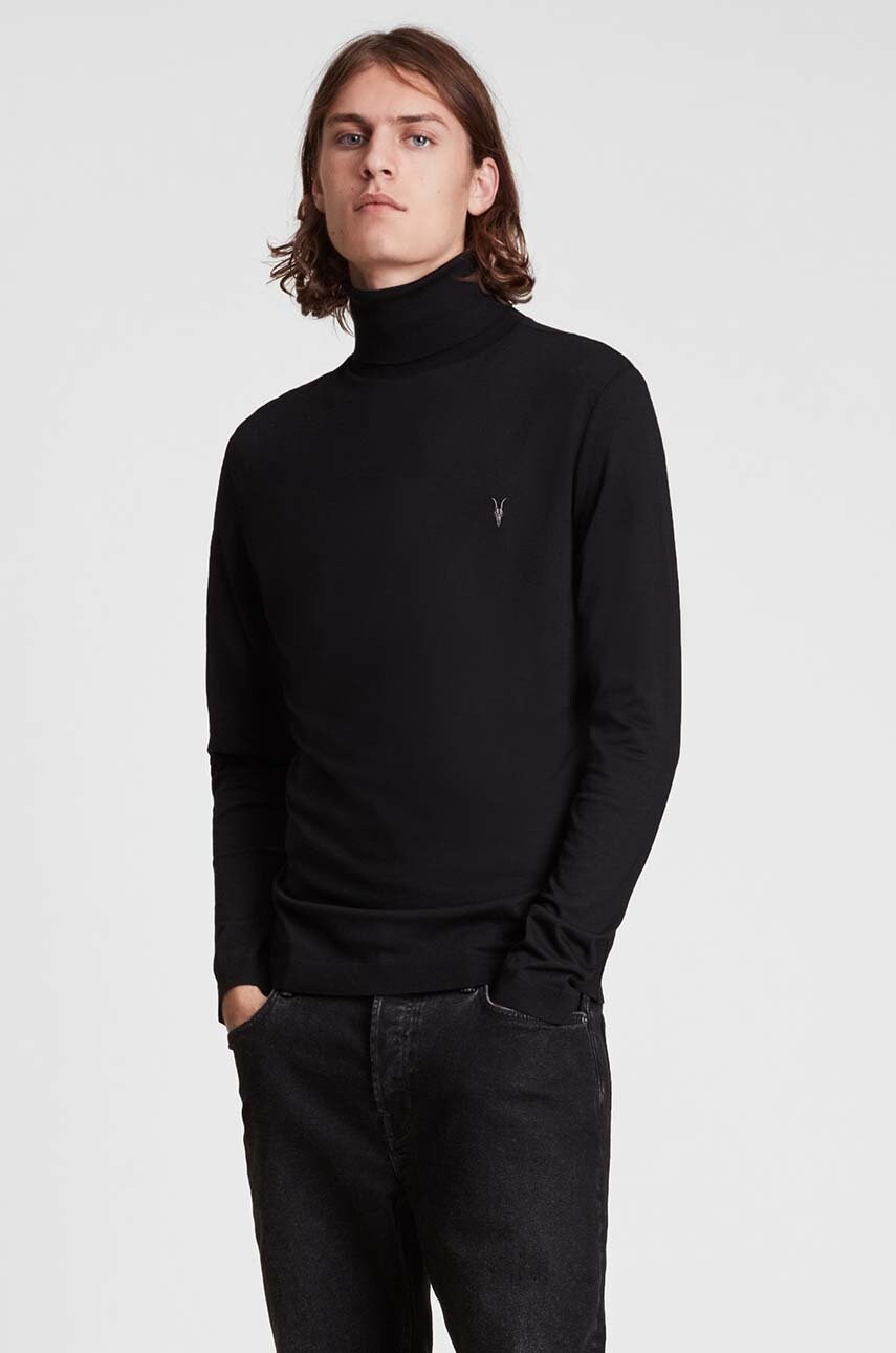Allsaints pulover de lana barbati, culoarea negru, cu guler