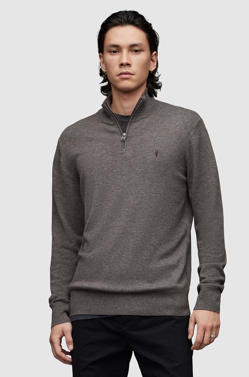 Allsaints pulover din amestec de lana barbati, culoarea gri, cu guler