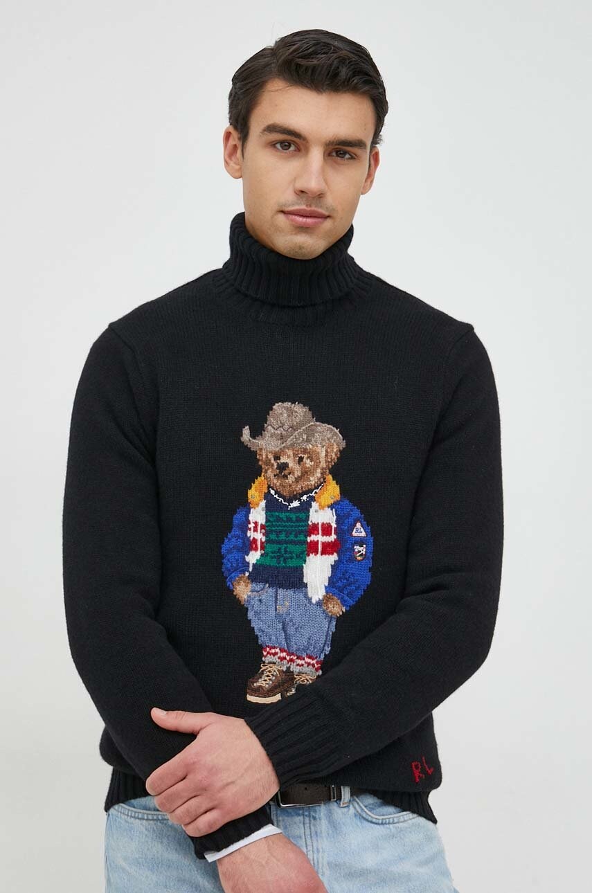 

Вълнен пуловер Polo Ralph Lauren мъжки в черно с поло, Черен