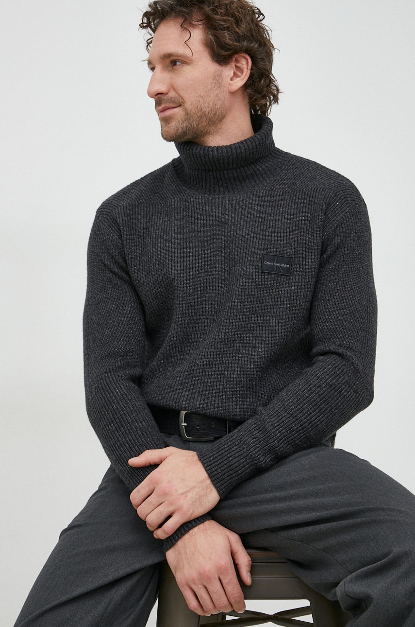 

Вълнен пуловер Calvin Klein Jeans мъжки в черно с поло, Черен