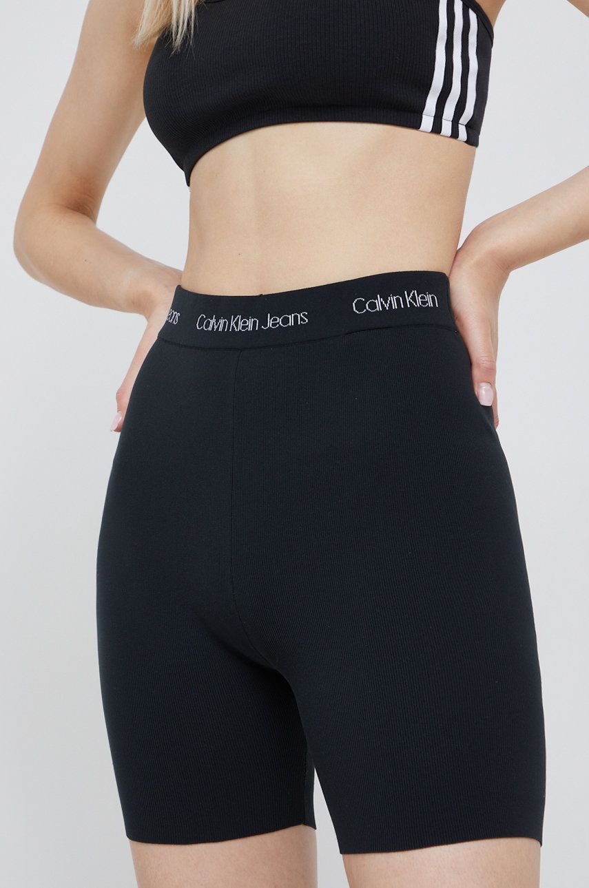 Levně Kraťasy Calvin Klein Jeans dámské, černá barva, hladké, high waist