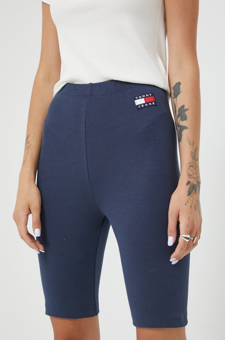 Tommy Jeans pantaloni scurti femei, culoarea albastru marin, cu imprimeu, high waist