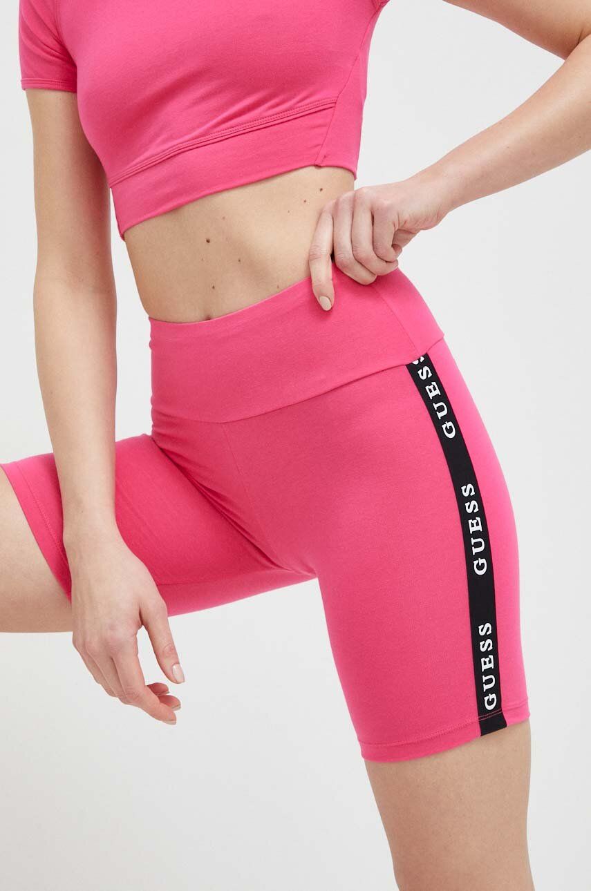 E-shop Kraťasy Guess dámské, růžová barva, s potiskem, medium waist
