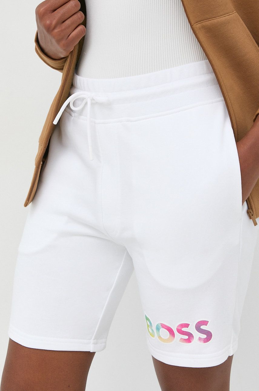 BOSS szorty bawełniane damskie kolor biały z nadrukiem high waist