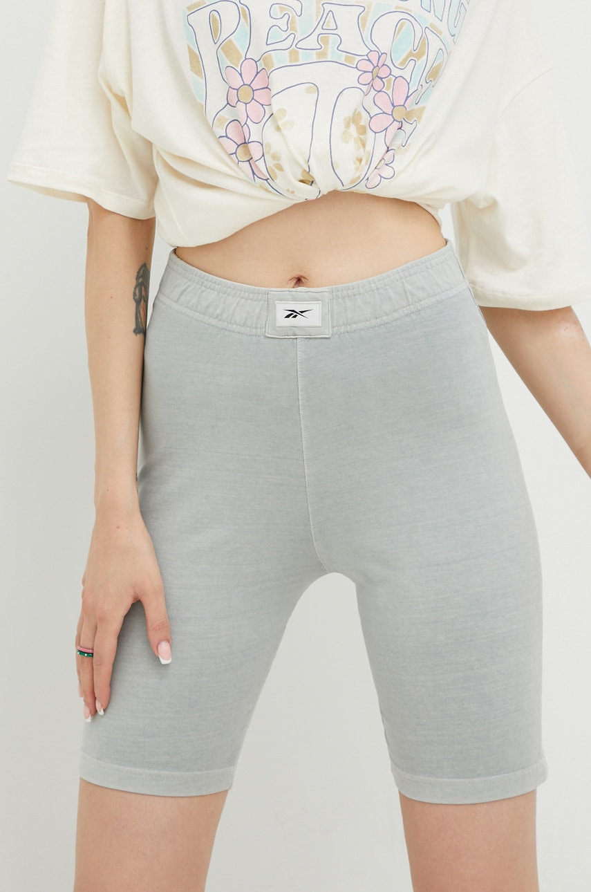 Reebok classic pantaloni scurti femei, culoarea gri, neted, high waist