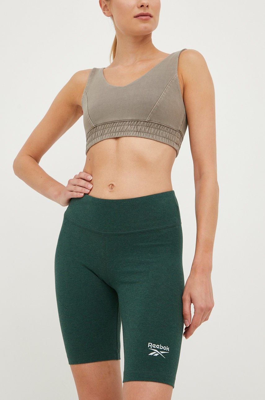 Reebok pantaloni scurti femei, culoarea verde, cu imprimeu, high waist