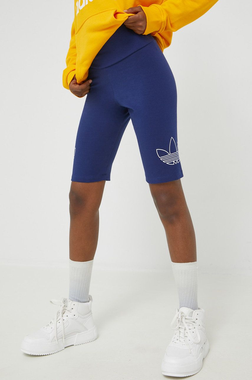 adidas Originals pantaloni scurti femei, culoarea albastru marin, cu imprimeu, high waist