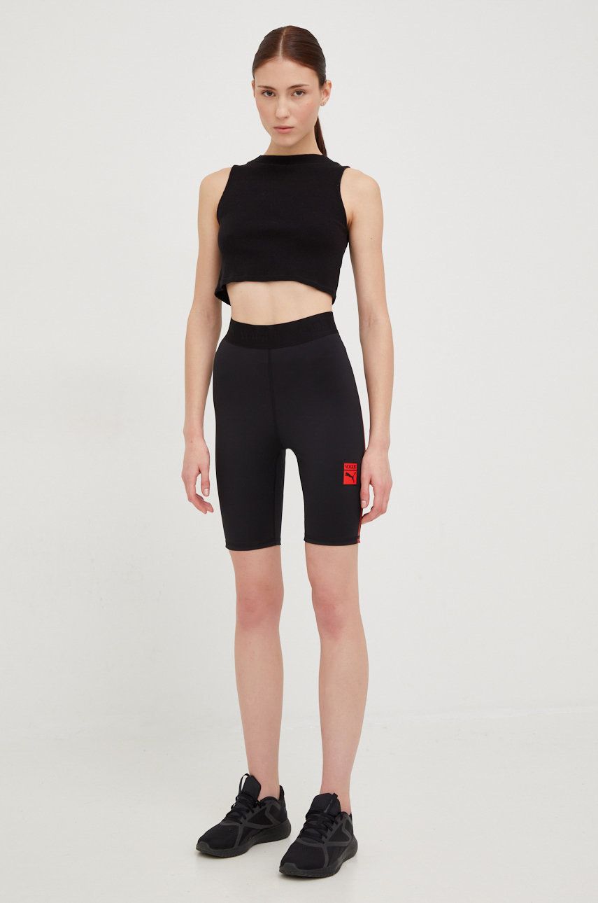 Puma pantaloni scurți de antrenament X Vogue femei, culoarea negru, cu imprimeu, high waist answear.ro