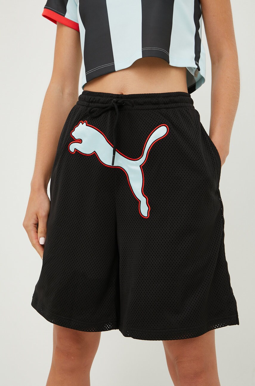 Puma pantaloni scurti x dua lipa femei, culoarea negru, cu imprimeu, high waist