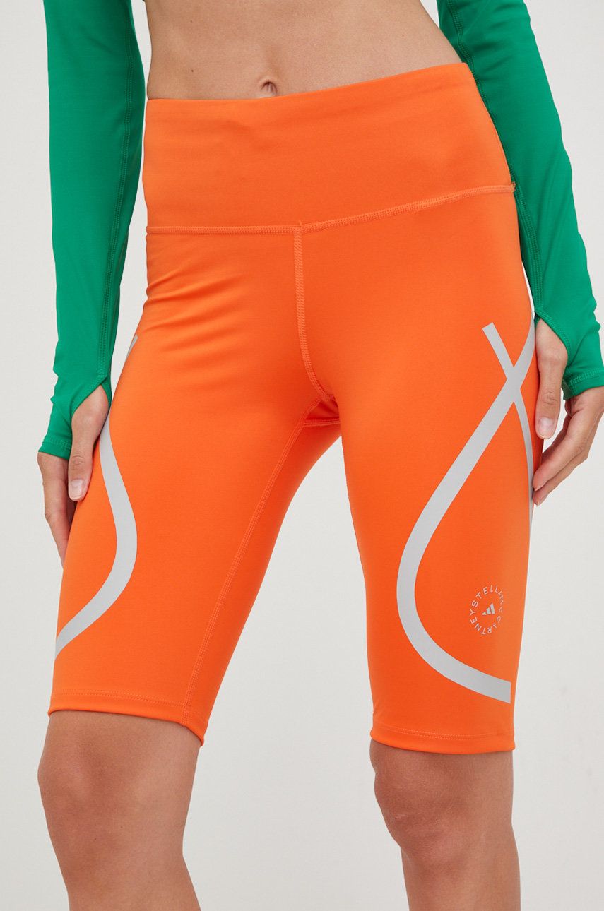 adidas by Stella McCartney pantaloni scurți de alergare femei, culoarea portocaliu, cu imprimeu, high waist adidas imagine promotii 2022