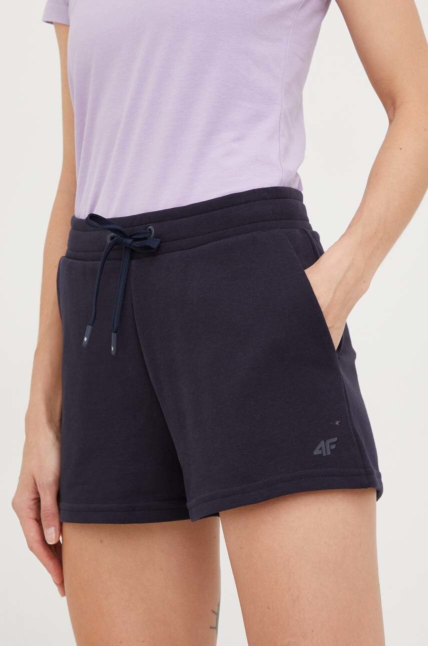 4f pantaloni scurti femei, culoarea albastru marin, neted, medium waist