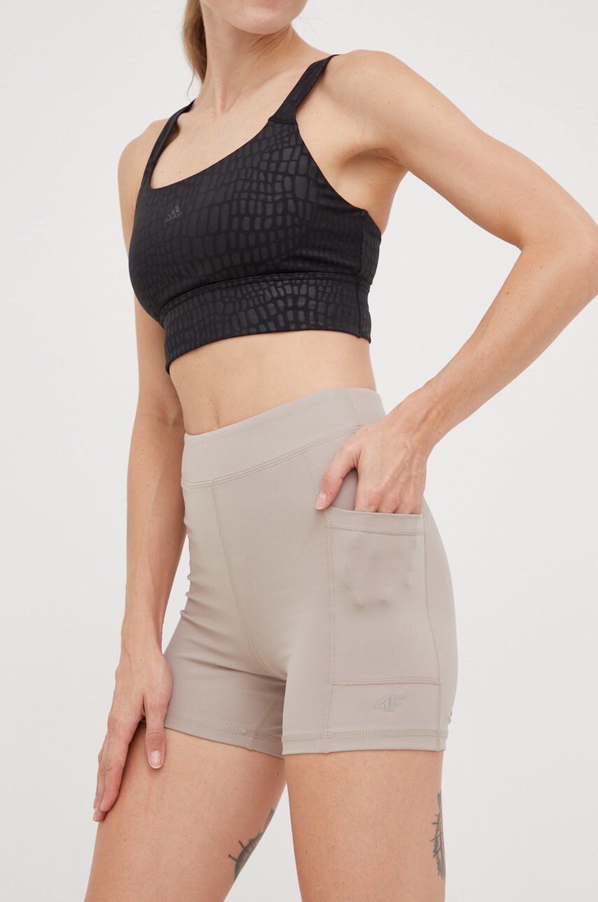 4f pantaloni scurți de antrenament femei, culoarea bej, neted, high waist