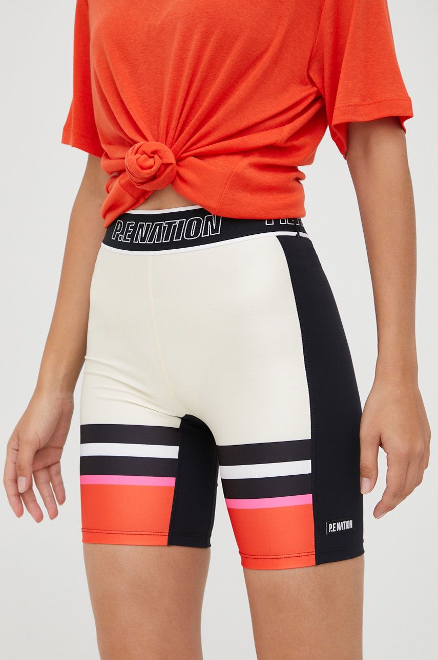 Tréninkové šortky P.E Nation Reframe dámské, béžová barva, vzorované, high waist - béžová -  65