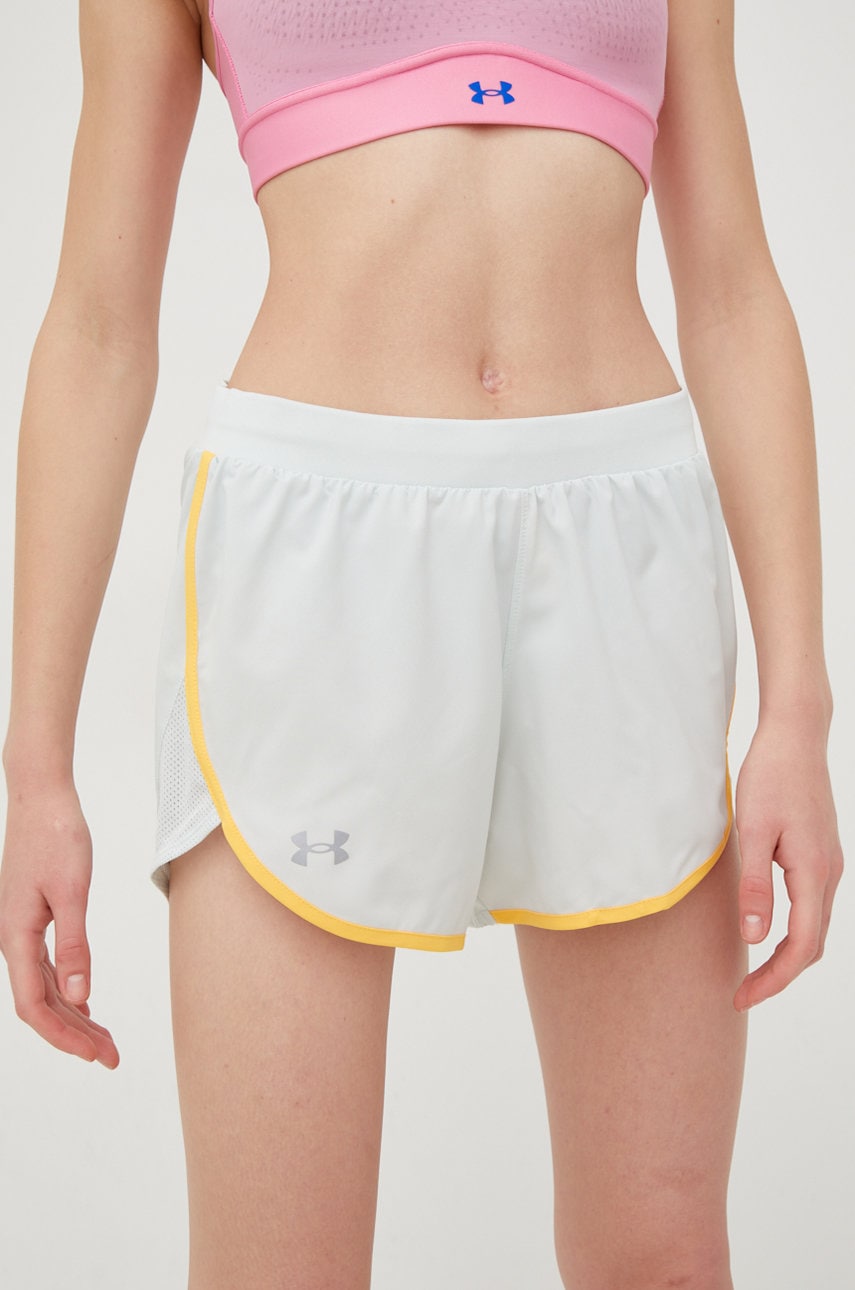 Under Armour pantaloni scurți de alergare Fly By Elite femei, culoarea verde, neted, medium waist 1369766-593