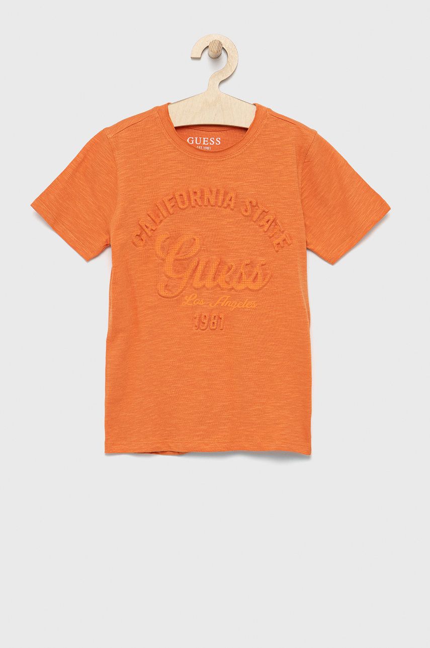Guess t-shirt bawełniany dziecięcy kolor pomarańczowy z aplikacją