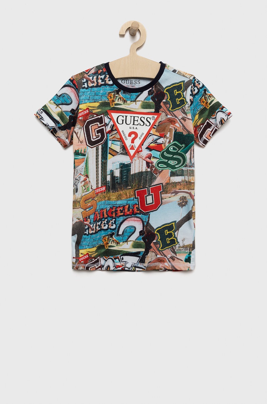 

Детска памучна тениска Guess с десен, Тъмносин