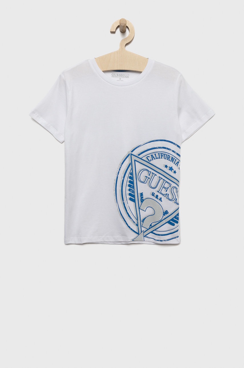 

Детска памучна тениска Guess в бяло с десен, Бял