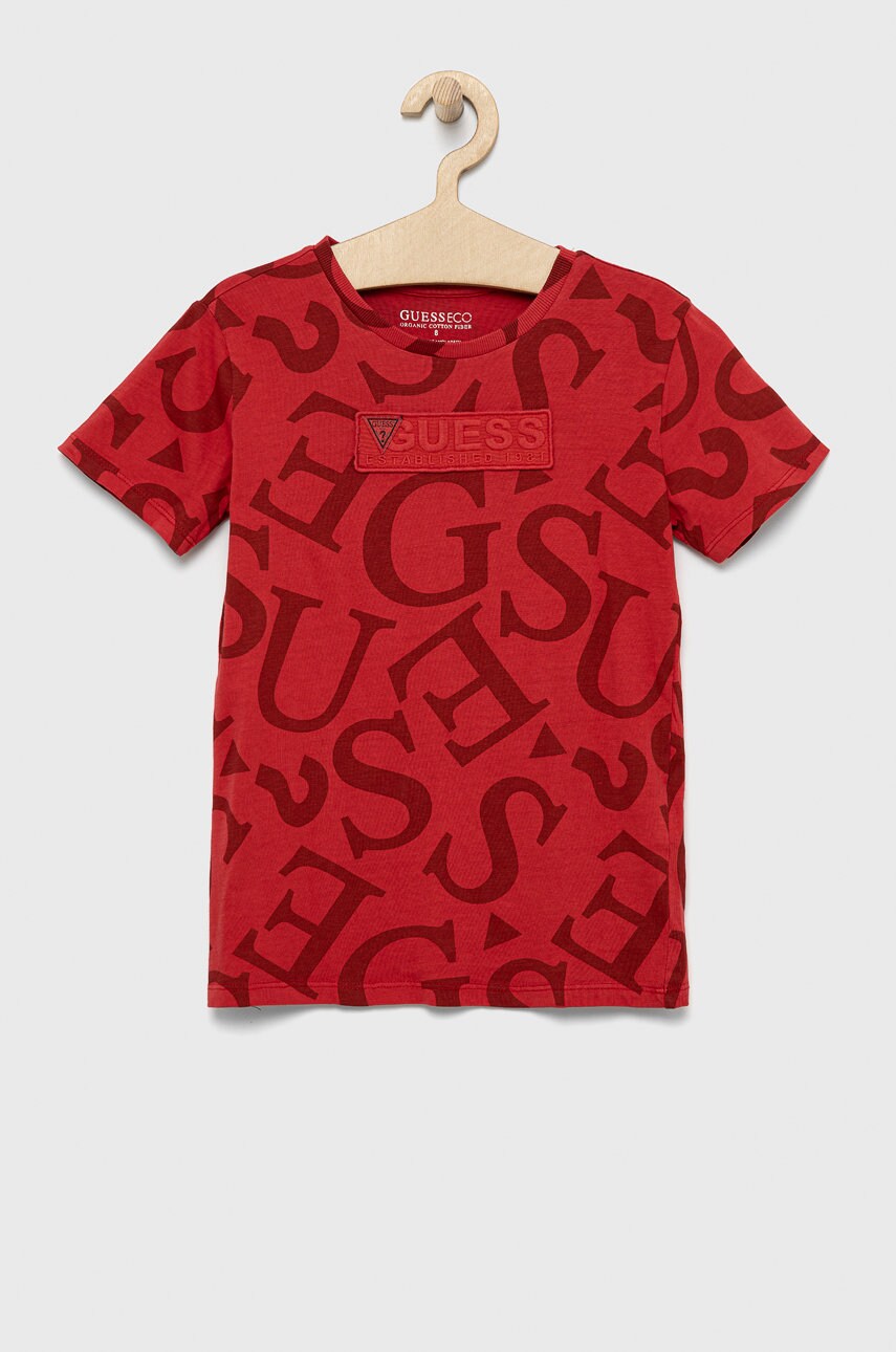 

Детска памучна тениска Guess в червено с десен, Червен