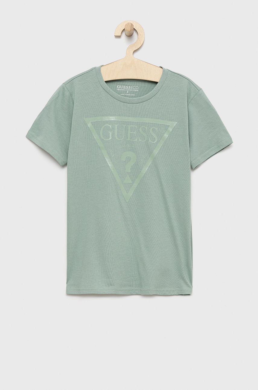 

Детска памучна тениска Guess в тюркоазено с принт, Тюркоазен