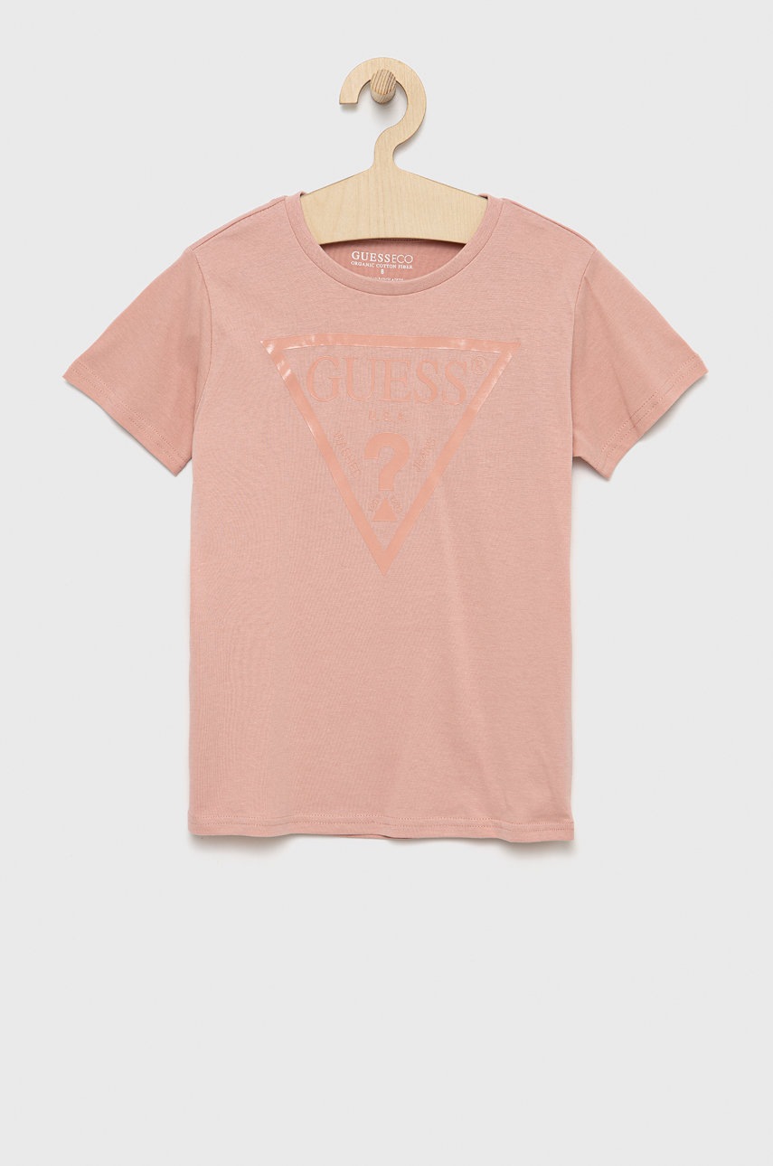 

Детска памучна тениска Guess в розово с принт, Розов