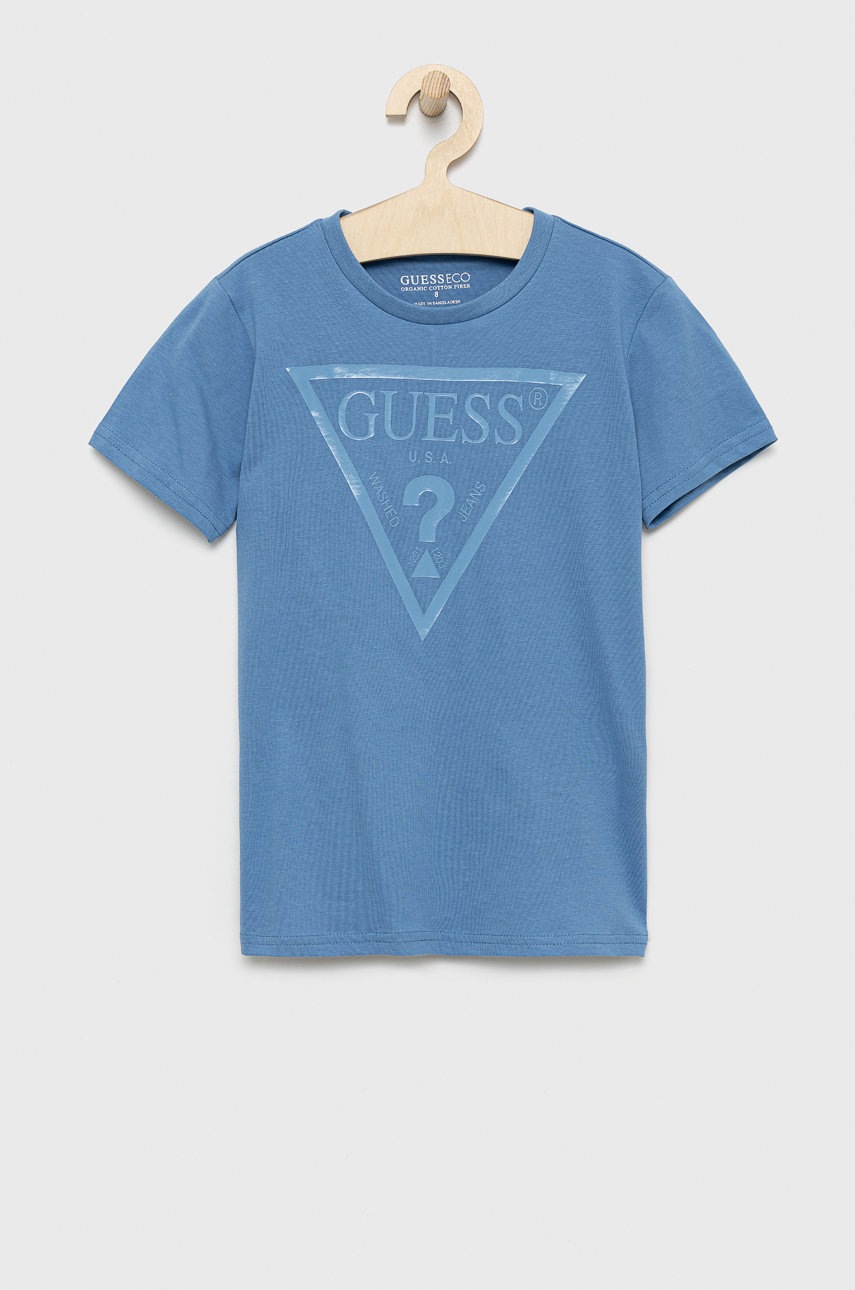 

Детска памучна тениска Guess с принт, Син
