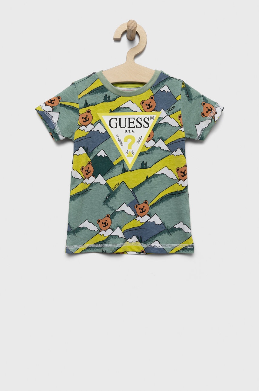 

Детска памучна тениска Guess в зелено с десен, Зелен