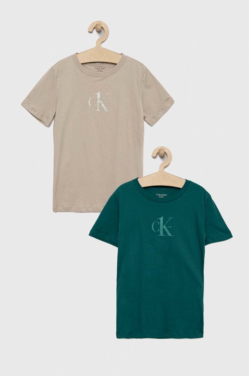 

Детска памучна тениска Calvin Klein Underwear 2 чифта в тюркоазено с принт, Зелен