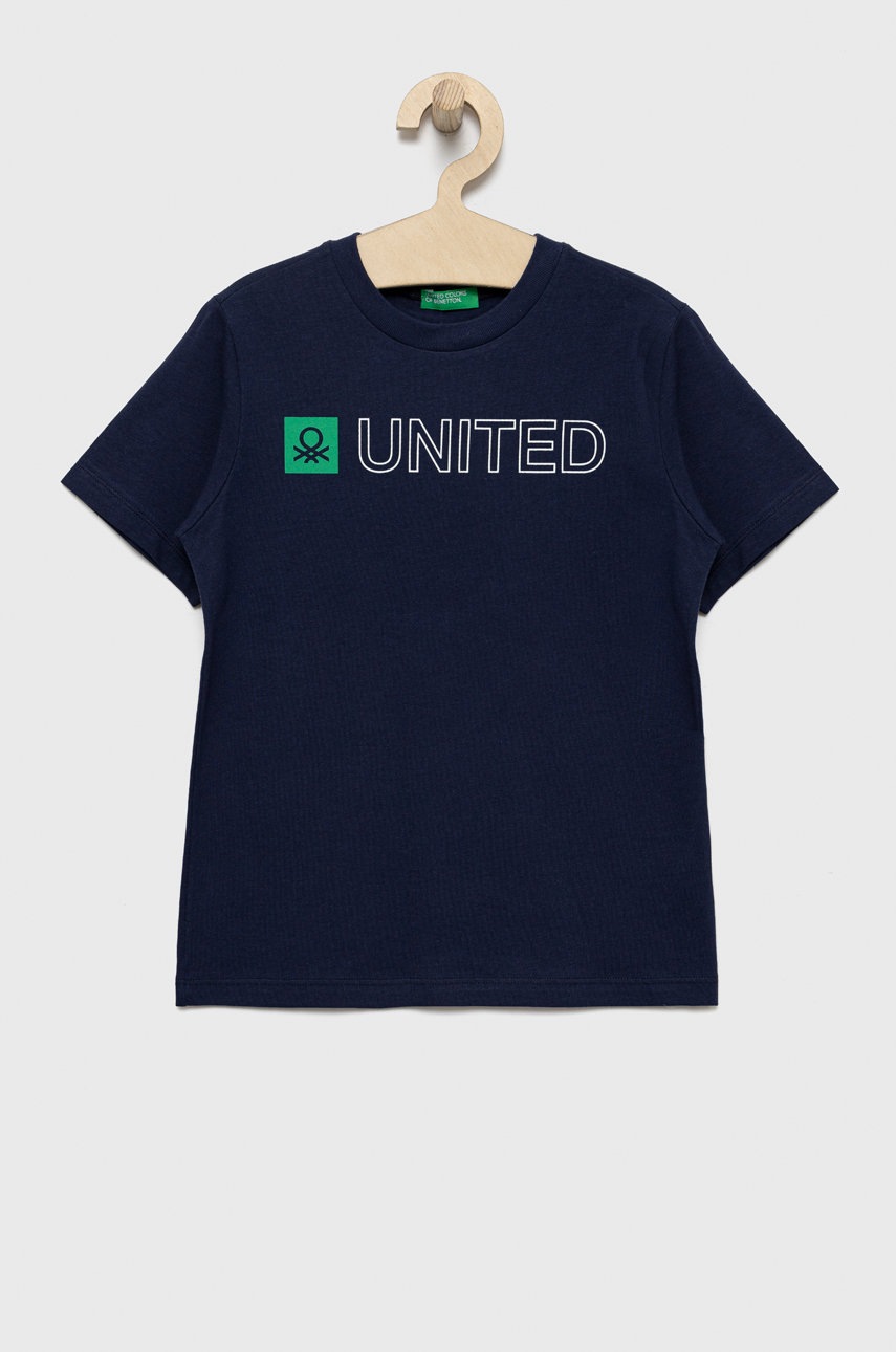 

Детска памучна тениска United Colors of Benetton в тъмносиньо с принт, Тъмносин