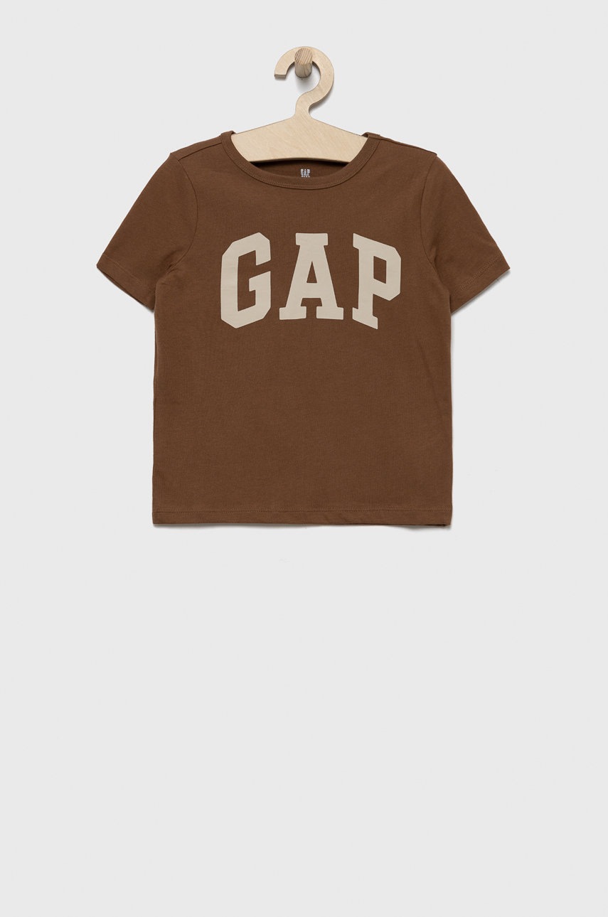 

Детска памучна тениска GAP в кафяво с принт, Кафяв