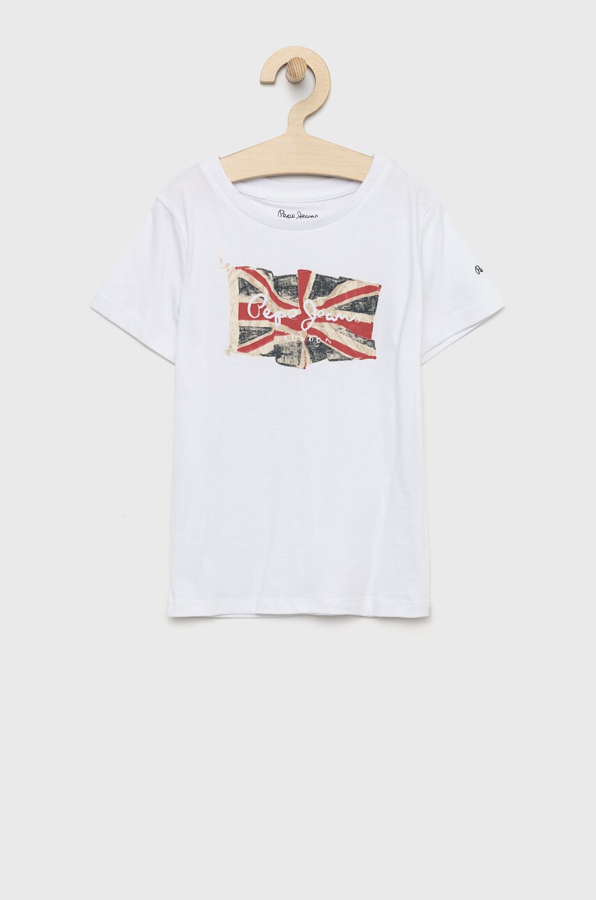 

Детская хлопковая футболка Pepe Jeans цвет белый с принтом