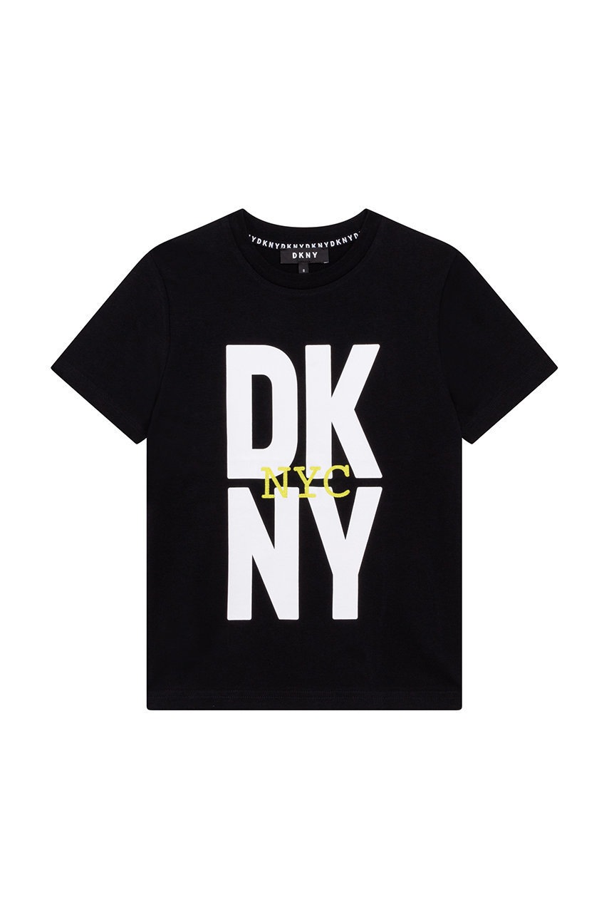 

Дитяча бавовняна футболка Dkny колір чорний з принтом