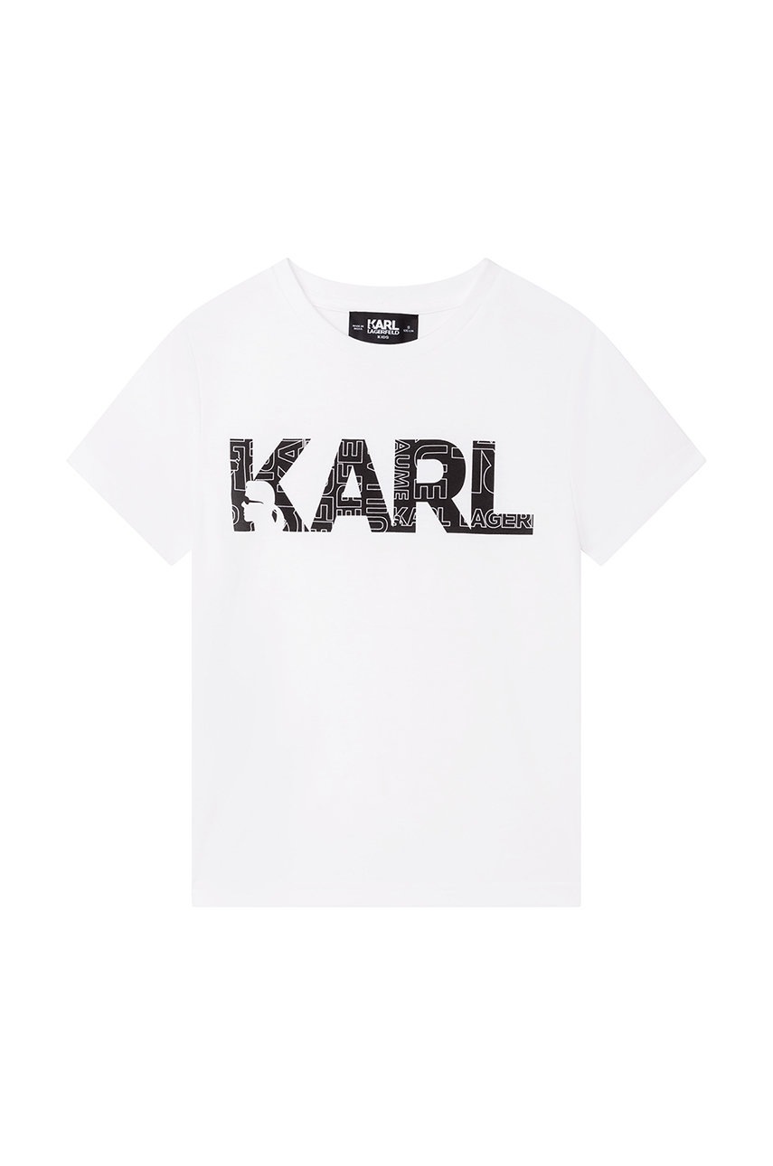 

Детска памучна тениска Karl Lagerfeld в бяло с принт, Бял