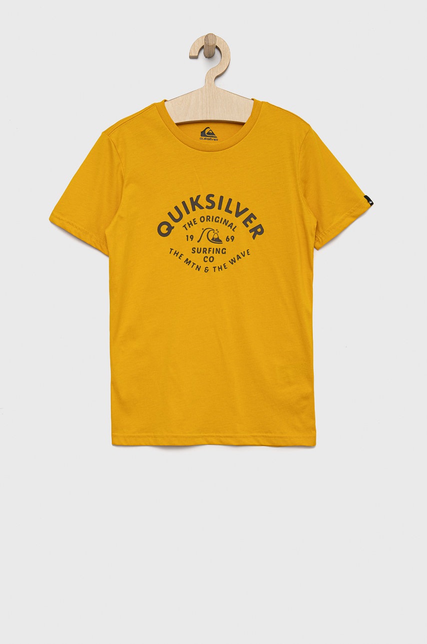 

Детска памучна тениска Quiksilver в жълто с принт, Жълт