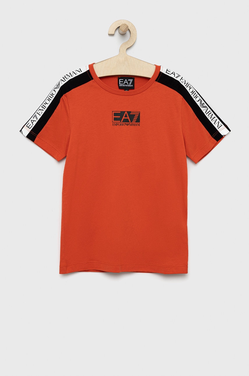 EA7 Emporio Armani tricou de bumbac pentru copii culoarea portocaliu, neted