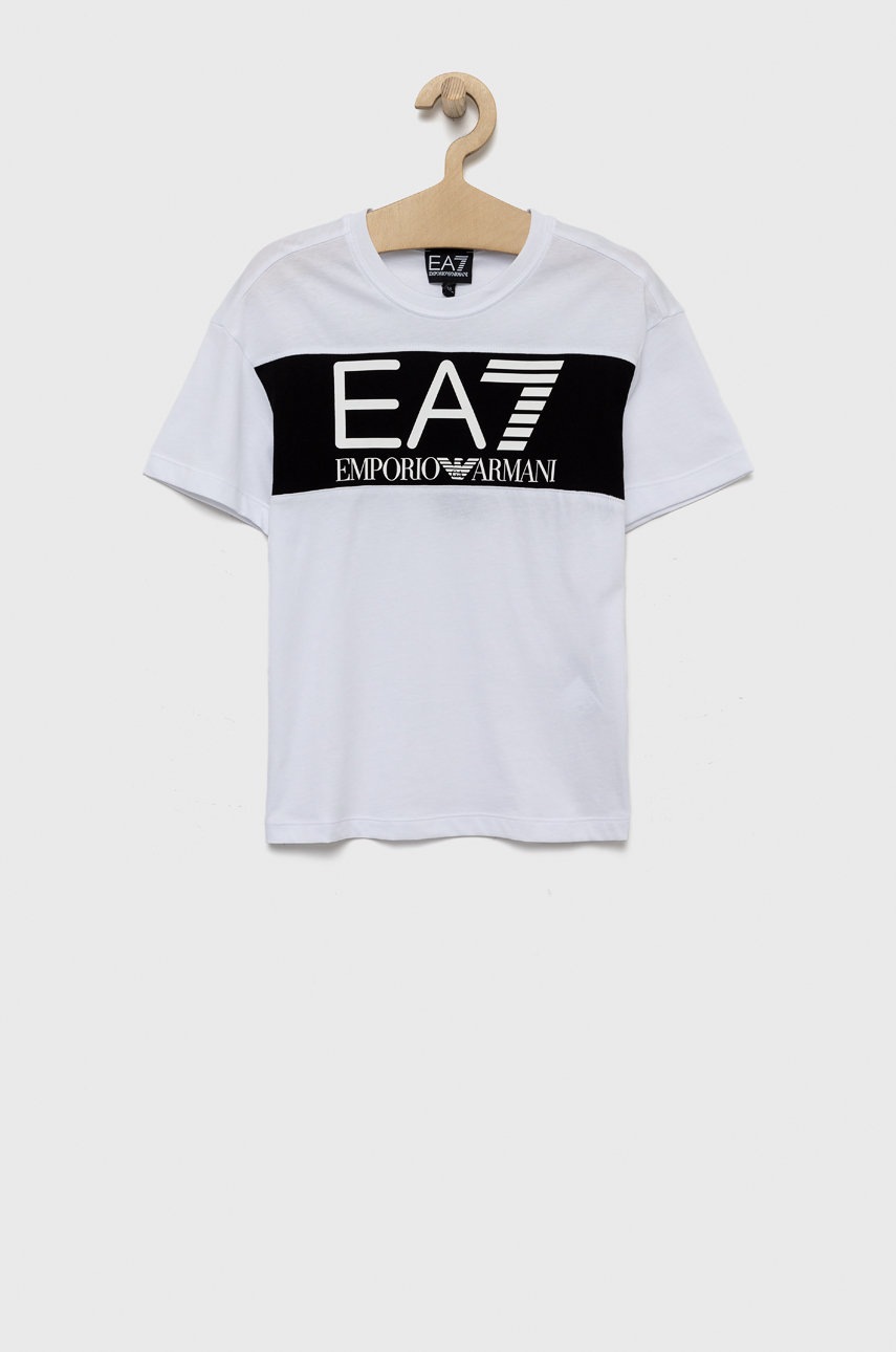 

Детска памучна тениска EA7 Emporio Armani в бяло с принт, Бял