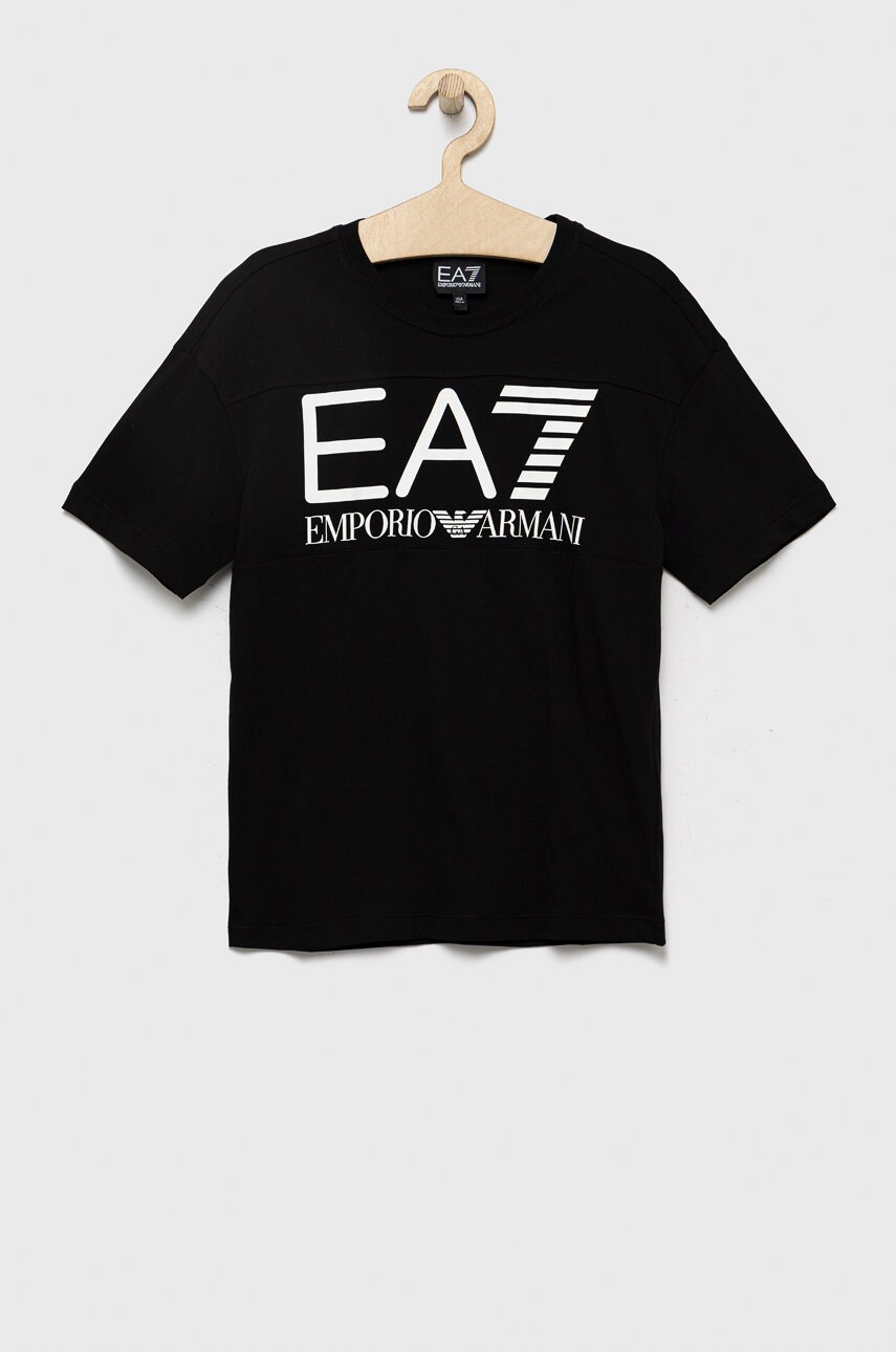 

Детска памучна тениска EA7 Emporio Armani в черно с принт, Черен
