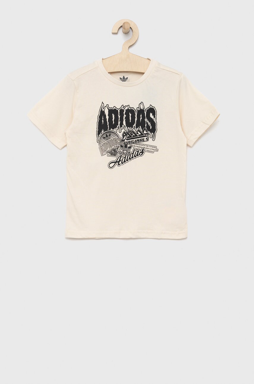 

Дитяча бавовняна футболка adidas Originals колір бежевий з принтом