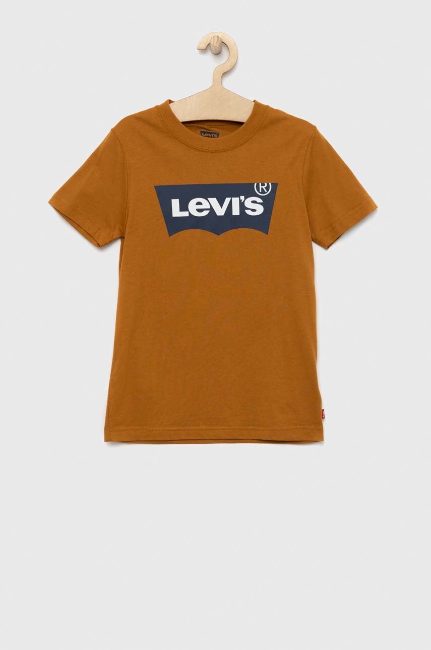

Детска памучна тениска Levi's в кафяво с принт, Кафяв