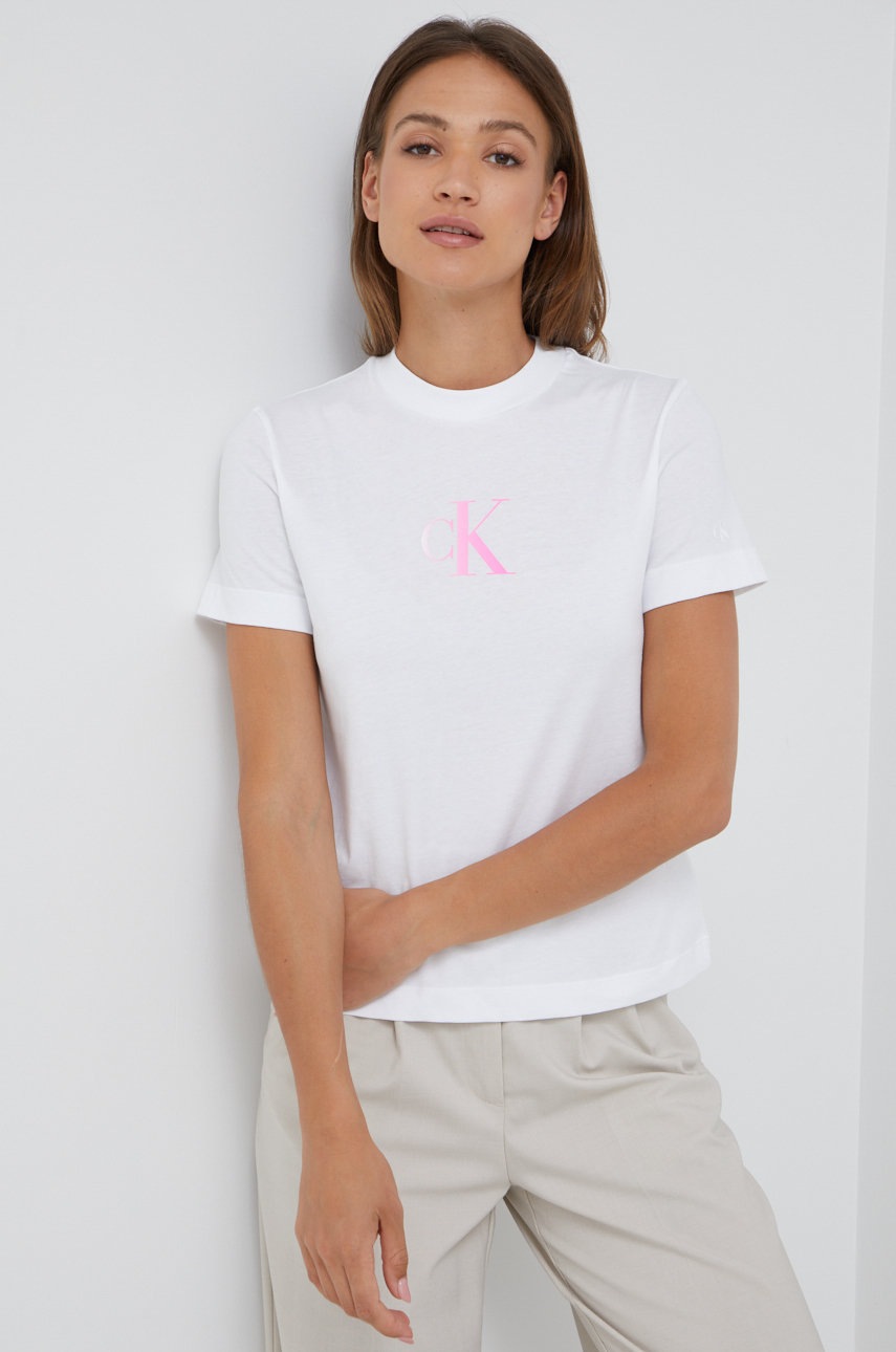

Памучна тениска Calvin Klein Jeans в бяло, Бял
