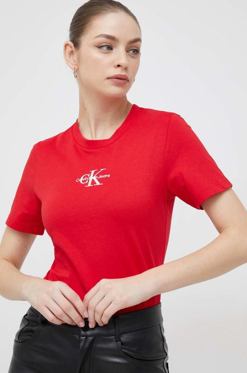 

Памучна тениска Calvin Klein Jeans в розово, Червен