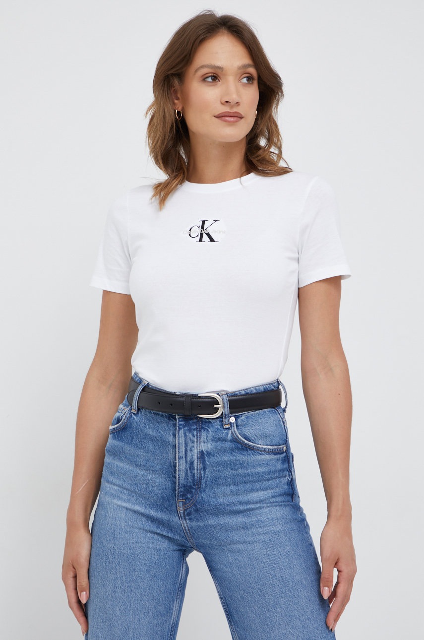 

Памучна тениска Calvin Klein Jeans в бяло, Бял