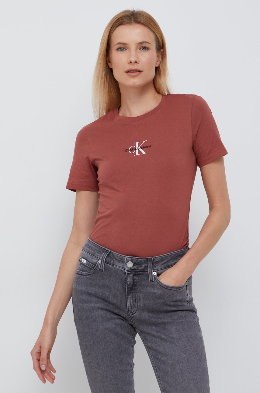 

Памучна тениска Calvin Klein Jeans в кафяво, Кафяв