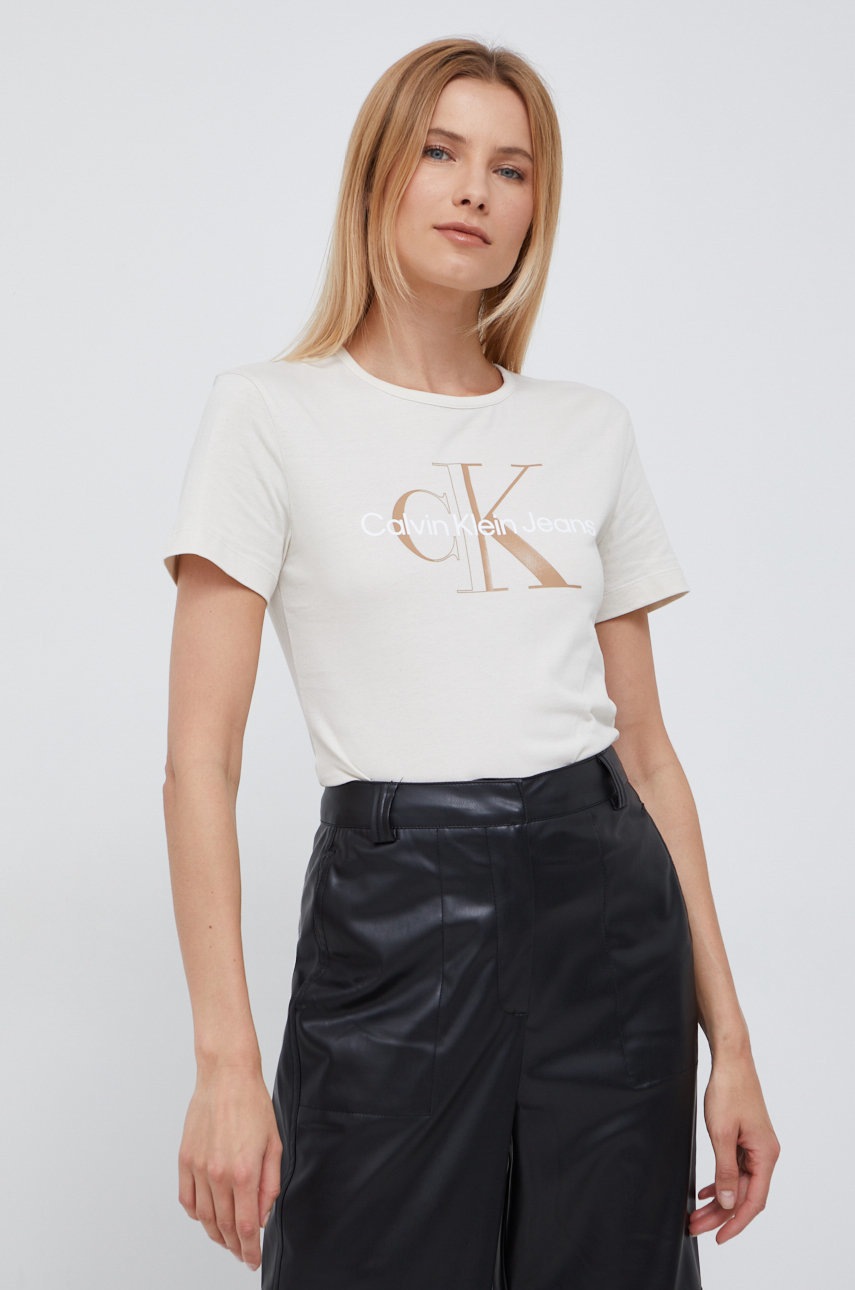 

Памучна тениска Calvin Klein Jeans в бежово, Бежов
