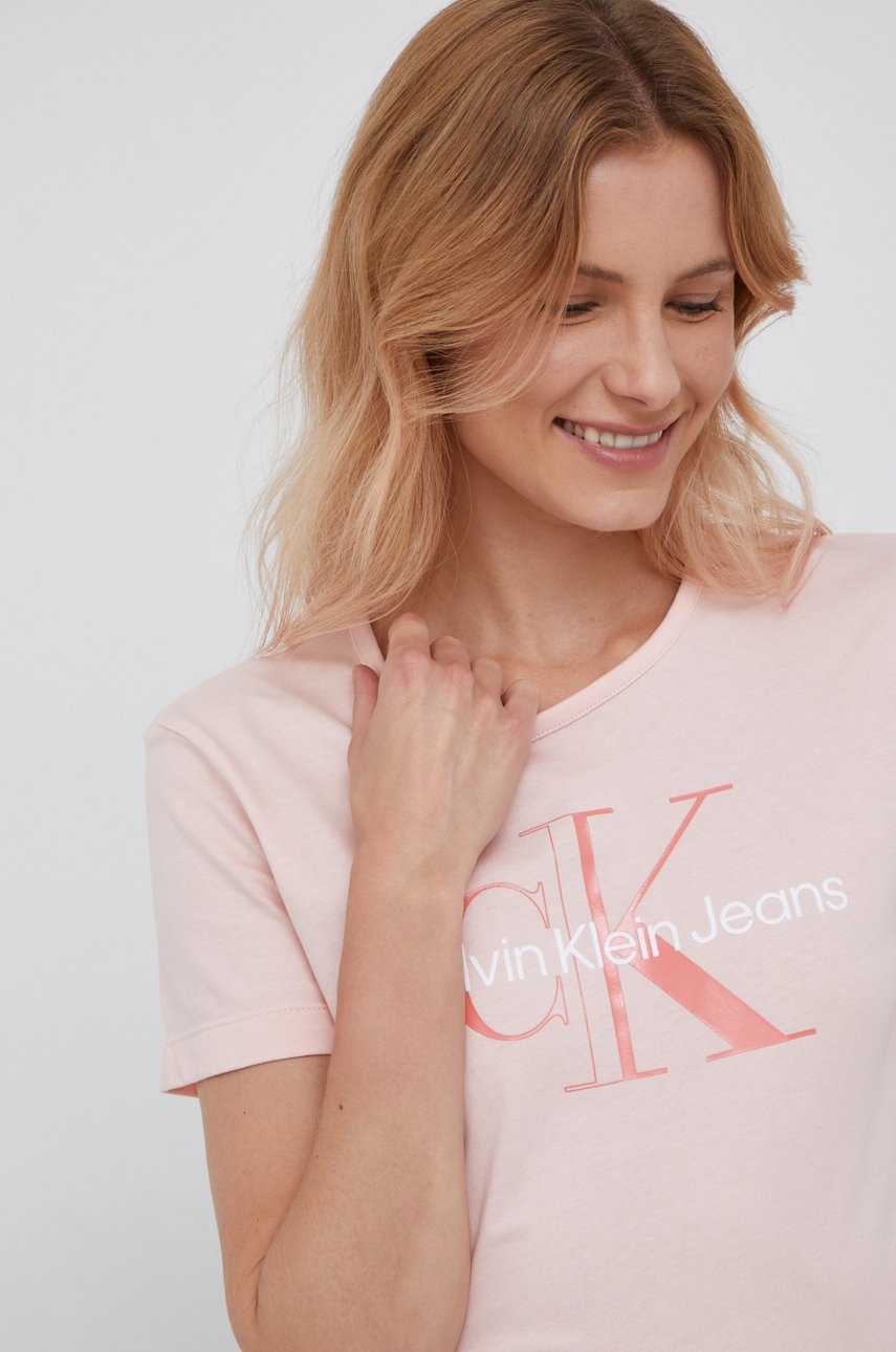 

Памучна тениска Calvin Klein Jeans в розово, Розов